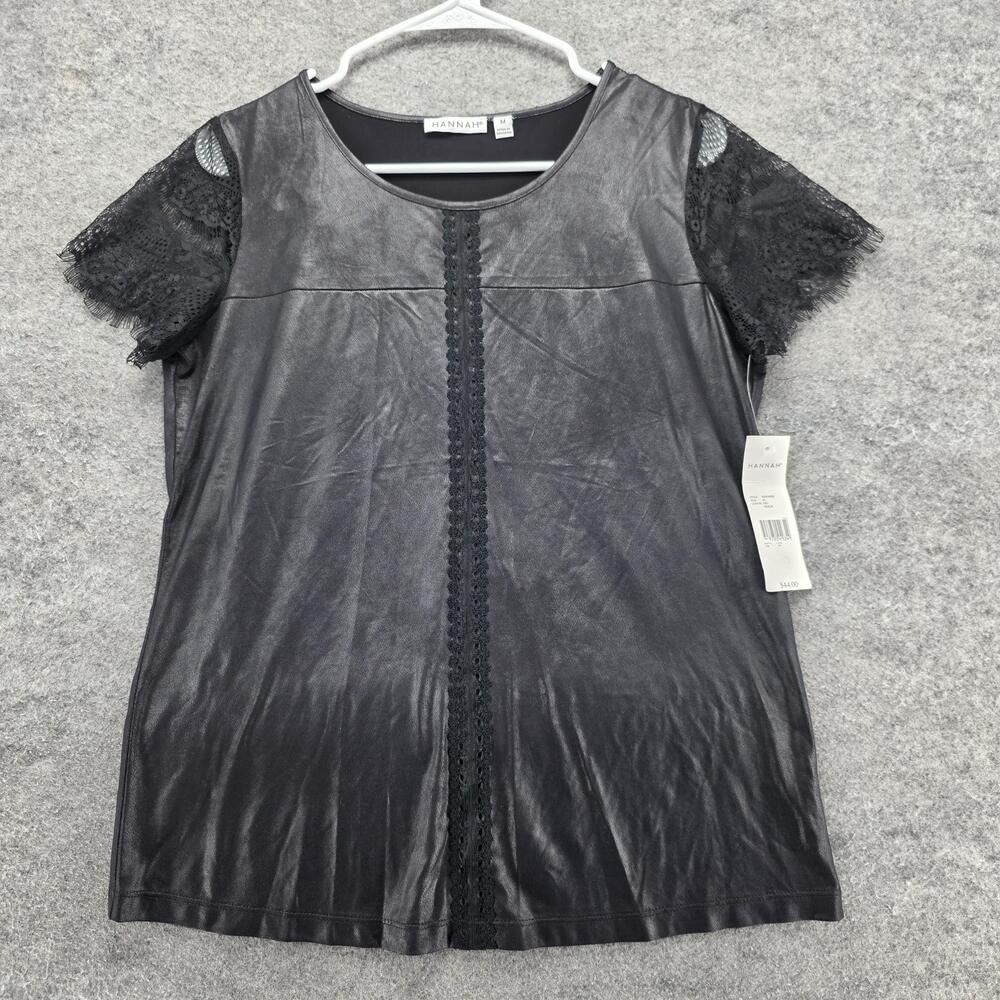 HANNAH Blouse Womens M Black Tunic Short Sleeve Crochet Fringe Relaxed